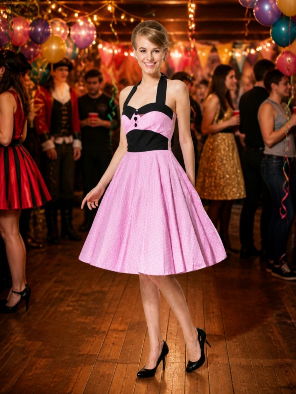 Fifties Chic Vintage Inspired Polka Dot Pin-up Halter Dress Medium Costume